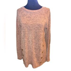 Pixi & Ivy pullover w/stylish buttons on hem, brown elbow patches on sleeves